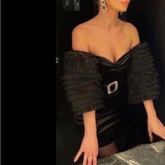 NWT!! ZARA Black Velvet Dress Ruffled Tulle Sleeves Rhinestone Party Cocktail - Picture 1 of 16